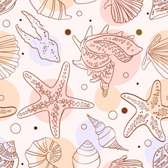 Marine pattern. Fish, anchor, octopuses, sharks, whales. Vector seamless pattern with decorative sea elements. Vintage background