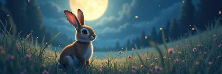 Fototapeta premium A charming, whimsical illustration of a rabbit sitting in a meadow under a full moon, capturing the magic of nighttime nature.