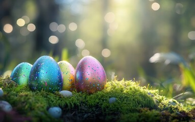Happy Easter Sunday background, A collection of iridescent Easter eggs, nestled on a bed of glowing moss, with a blurred enchanted forest filled with soft beams of light filtering through trees