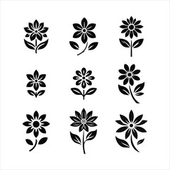 A set of black and white flower silhouette designs, logo design, flower logo, and icons bundle