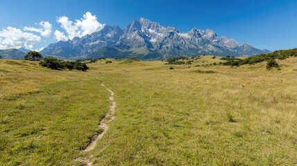 Fototapeta premium Mountain meadow path, scenic vista, summer hike