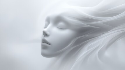 Ethereal White Portrait of a Serene Face with Flowing Hair