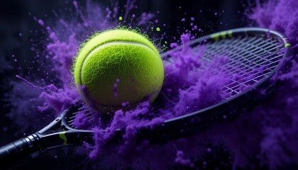 Tennis ball on racket with vibrant purple splash creating dynamic motion effect