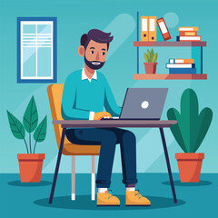 Fototapeta premium a boy is using his laptop vector