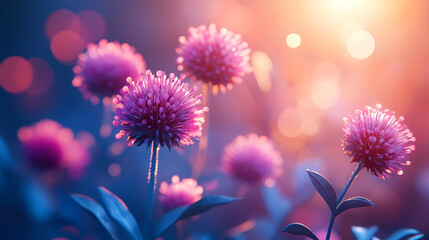Ethereal dandelion flowers with pink hues, whimsical nature, enchanted meadow, magical realism
