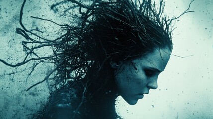 Ethereal Portrait of a Mysterious Female Silhouette with Flowing Hair and Textural Background