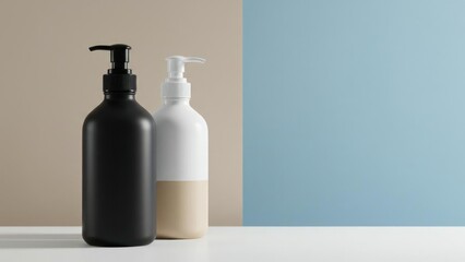 Modern cosmetic bottles on a minimalist surface and background.