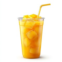 Freshly Squeezed Orange Juice in a Clear Cup with Ice Cubes on White Background