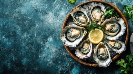Fresh oysters on a plate served with lemon and garnished with parsley.