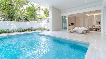 Modern villa poolside patio, garden view