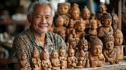 Smiling artisan displays carved wooden figurines