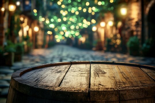 Happy St. Patrick&acirc;&euro;&trade;s Day Background, A rustic wooden barrel top in the foreground with a blurred cobblestone street lit by green lanterns and faint golden accents in the background, leaving copy