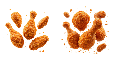Two pieces of deep-fried chicken with a golden-brown crust and flying crumbs