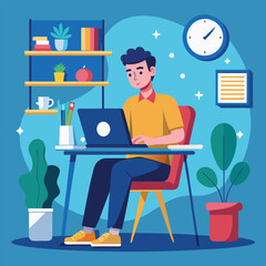 a boy is using his laptop vector