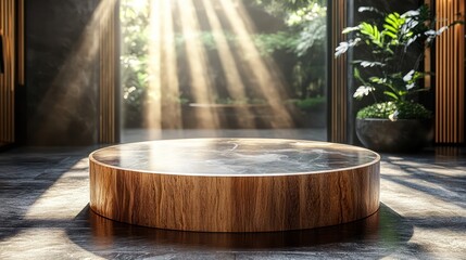 Sunlit Wooden and Marble Display Stand in Luxurious Setting