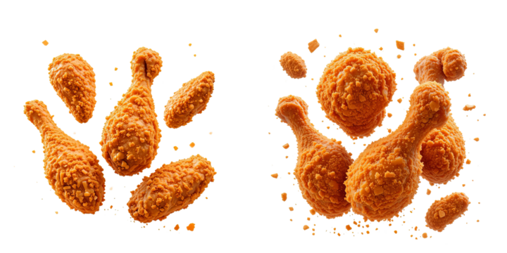 Two pieces of deep-fried chicken with a golden-brown crust and flying crumbs