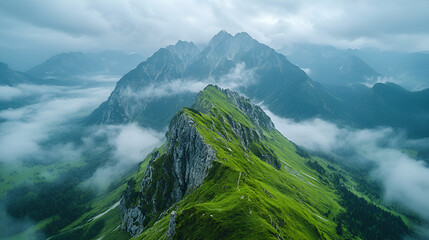 Majestic green mountain peaks, dramatic alpine landscape, serene wilderness, epic nature