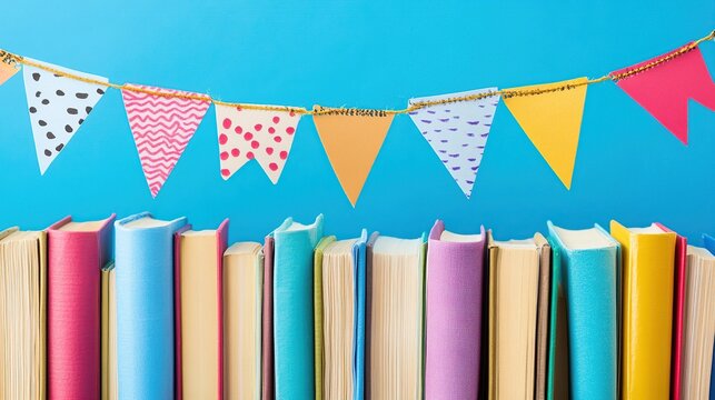 Festive book fair banner above colorful books