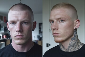 Close-Up Portrait of a Young Man with Styled Hair and Tattoo in Indoor Setting
