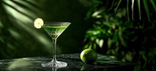 Happy St. Patrick's Day Background, a single green martini glass with a lime garnish, placed on a black marble slab, with a dark olive-green background, dramatic and elegant, festive drinks, cocktail
