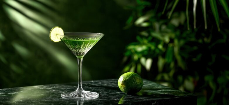 Happy St. Patrick's Day Background, a single green martini glass with a lime garnish, placed on a black marble slab, with a dark olive-green background, dramatic and elegant, festive drinks, cocktail