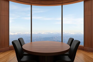 Obraz premium A modern conference room with a circular wooden table and large windows showcasing a scenic mountain view.