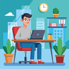 a boy is using his laptop vector