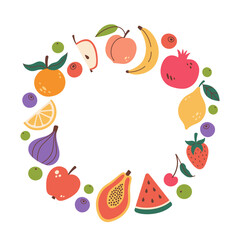 Cute hand drawn Fruits and berries round frame in doodle style. Fruits icons Circular template. Hand drawn Fruits circle border. Circular copy space template. Vector illustration isolated on white.