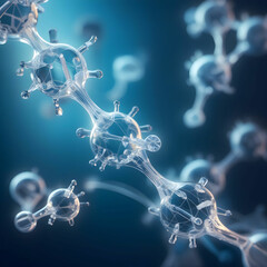 Obraz premium An abstract representation of transparent hydrogen molecules, interconnected in a sleek, geometric pattern on a vibrant blue background.