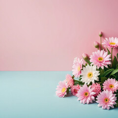 Bouquet of pink and white daisies on a pastel pink and blue background. Delicate floral composition for greeting cards, invitations, and decorative designs.
