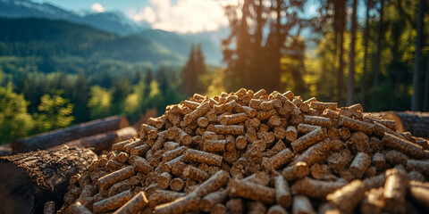 Sustainable Energy: A close-up of a pile of wood pellets rests on sawn logs against a lush green forest, representing sustainable energy and environmental consciousness.