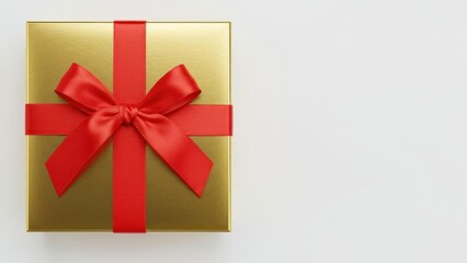 A gold gift box with a red ribbon, perfect for special occasions.