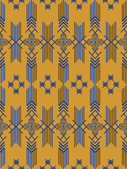 Tradition abstract geometric ethnic tribal pattern with blue ornament on yellow background.