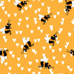 Seamless pattern with bees on color background. Small wasp. Vector illustration. Adorable cartoon character. Template design for invitation, cards, textile, fabric. Doodle style.