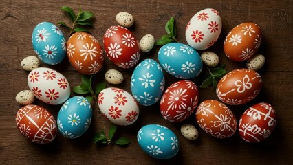 Colorful Easter eggs surrounded by green leaves and small eggs.