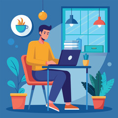 a boy is using his laptop vector