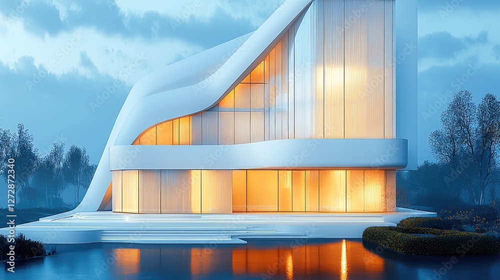 Aufkleber A contemporary building with a faceted structure, featuring a sleek, contemporary and parametric design with sharp geometric angles. Its translucent white exterior emits a soft, diffuse glow.