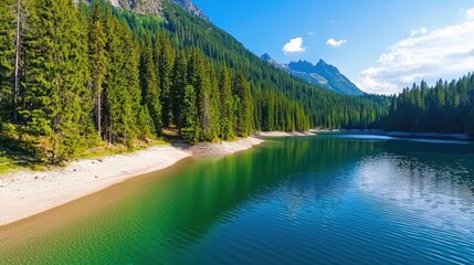 Tranquil alpine lake surrounded by lush green forest trees