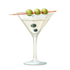clean, flat-style illustration of a martini glass with three green olives skewered, elegant glass structure with a slight rim shine, transparent background, PNG