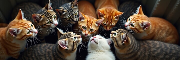 A playful gathering of cats showcasing various breeds and colors, perfect for pet-related content, marketing materials, or animal welfare campaigns.