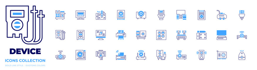 Device icon collection. Bold line style. Duotone colors. device, storage, projector, air compressor, shredder, kitchen hood, wifi, video card, leaf, smart tv, connectivity.