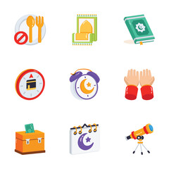 A set of colorful, flat icons illustrating key aspects of Islamic practices and rituals.