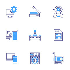 Device icon set. Bold line style. Duotone colors. Editable stroke. computer, responsive devices, laptop, webcam, remote control, washing machine, scanner, video card, sim card