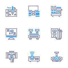 Device icon set. Bold line style. Duotone colors. Editable stroke. device, projector, leaf, copy machine, voltmeter, selfie, graphic tablet