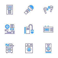 Device icon set. Bold line style. Duotone colors. Editable stroke. headphones, recorder, voice, alarm, pop, photocopier, host, washing machine, ebook