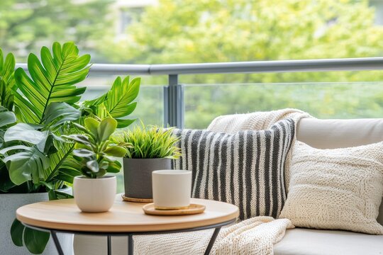 Serene balcony scene with lush plants cozy cushions and a small table creating a relaxing outdoor space for modern living and tranquil moments