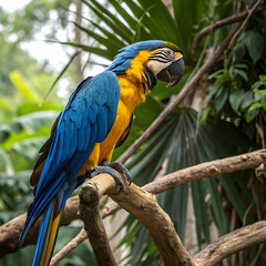 Obraz premium A stunning vibrant blue-and-yellow macaw with detailed feathers and lifelike textures.