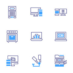 Device icon set. Bold line style. Duotone colors. Editable stroke. responsive, voice recorder, laptop, oven, syncing, photocopier, hair straightener
