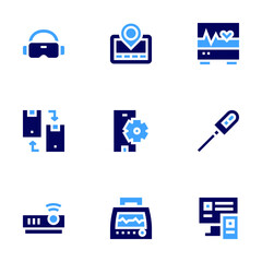 Device icon set. Bold style. Duotone colors. ecg, gps navigator, vr glasses, settings, vascular closure device, vital signs, multiple, change, projector