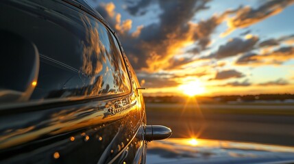 Airplane Cockpit Window Reflecting Sunset Sky and Golden Light